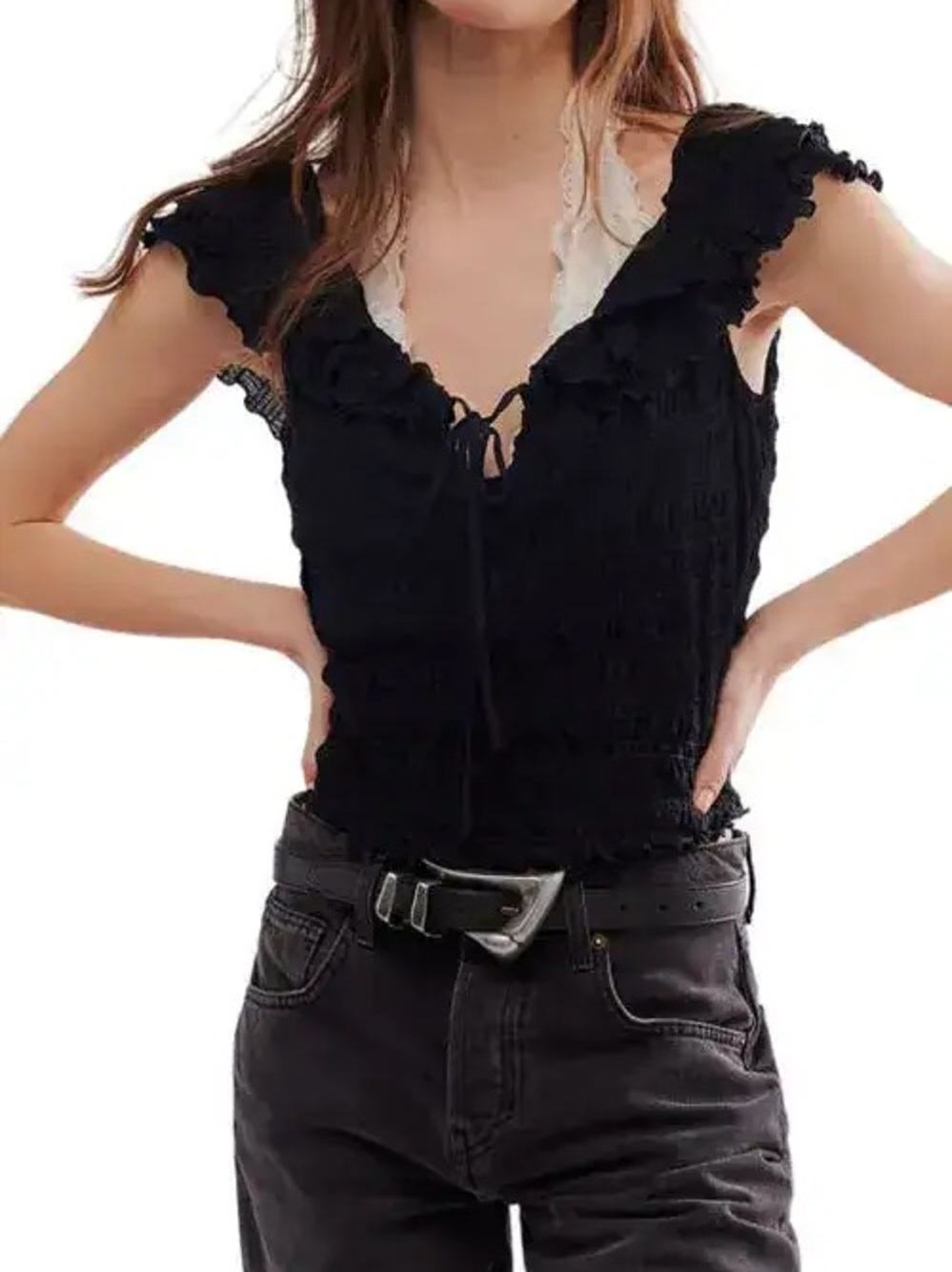 Free People love you more Black Ruffled Tie-Front Sleeveless Top